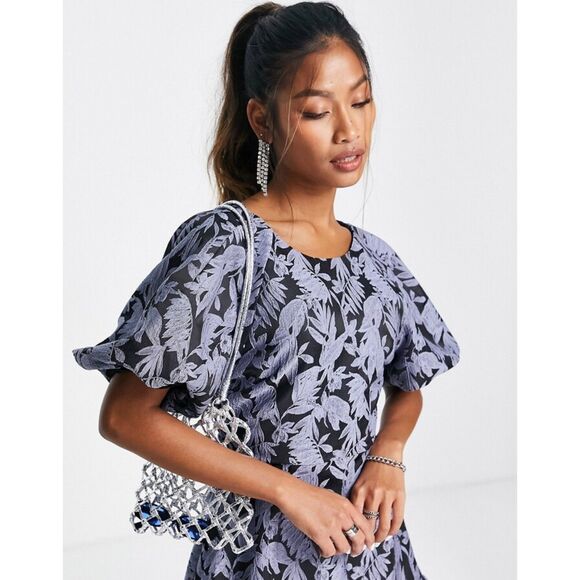 NWT Topshop Jacquard Puff Sleeve Mini Dress Blue Floral Open Back US 12 UK 16 - Picture 4 of 14